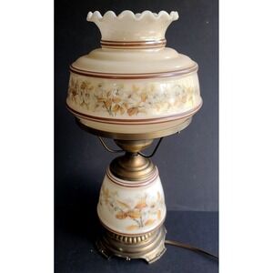 Vintage 1978 Quoizel Hurricane Lamp White Floral Blossoms Autumn Leaves Brass